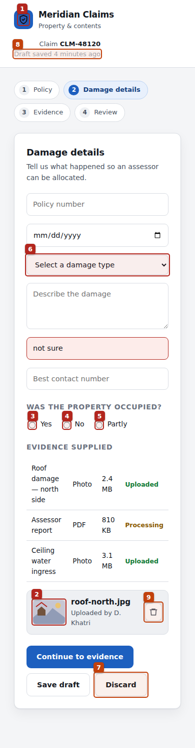 Legacy claim form with violations outlined and numbered